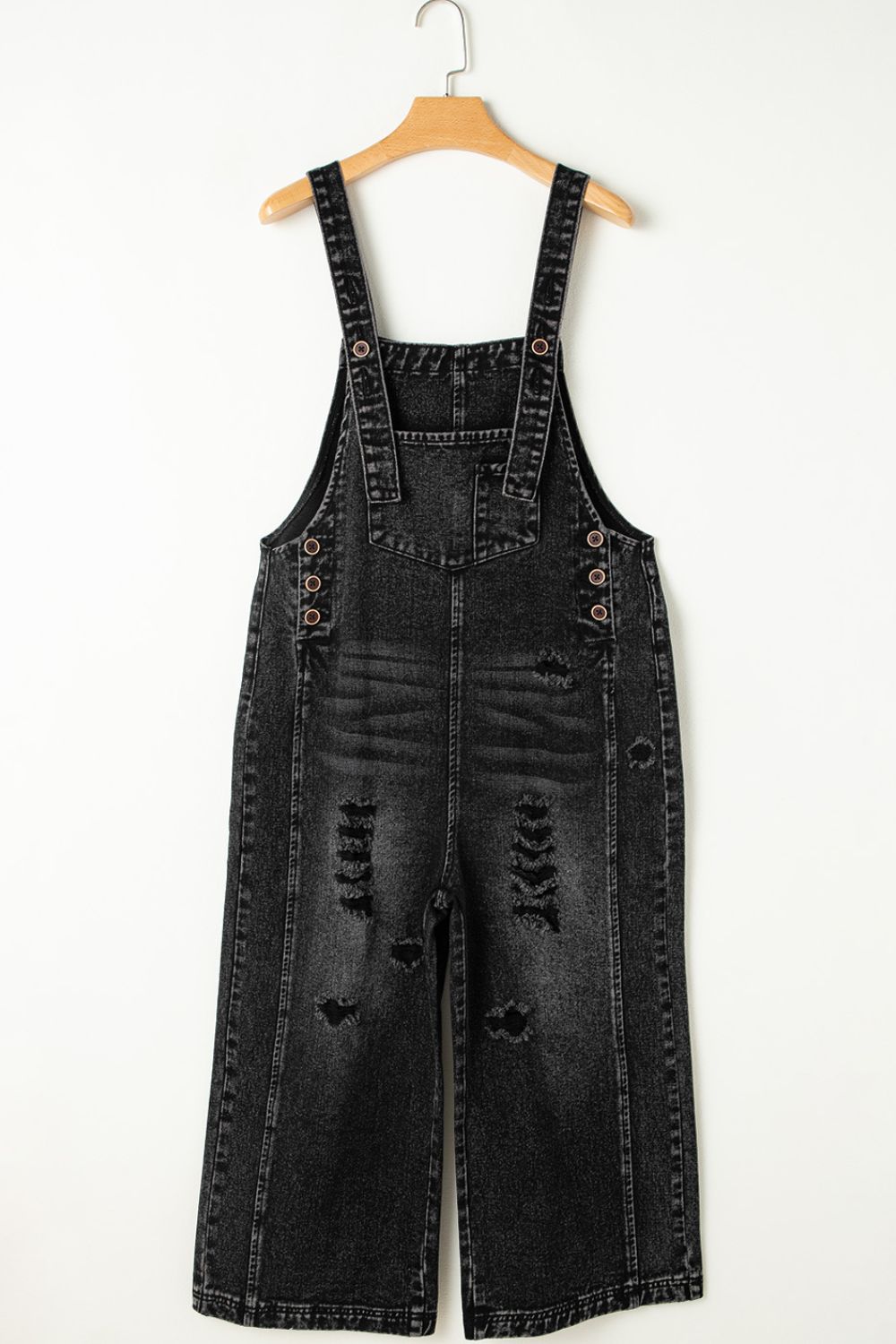 Distressed Wide Strap Denim Overalls - ShopEasier