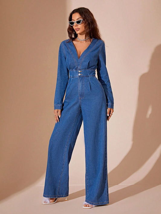 Plunge Long Sleeve Wide Leg Denim Jumpsuit - ShopEasier