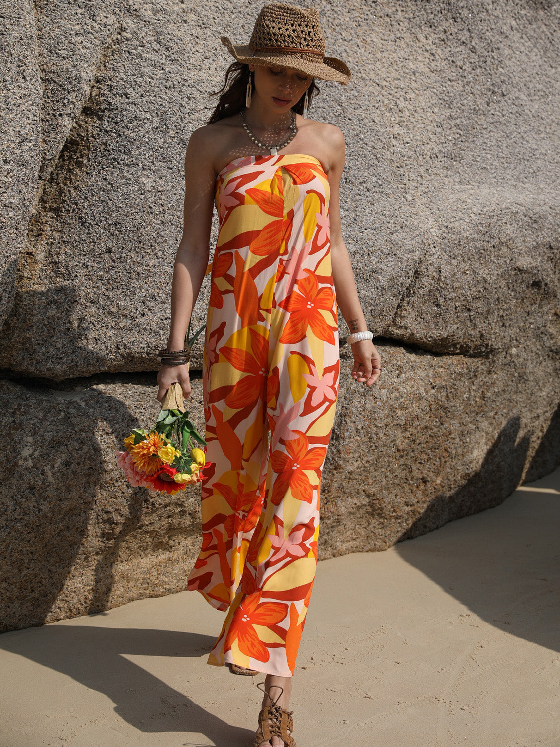 Tied Printed Tube Wide Leg Jumpsuit - ShopEasier