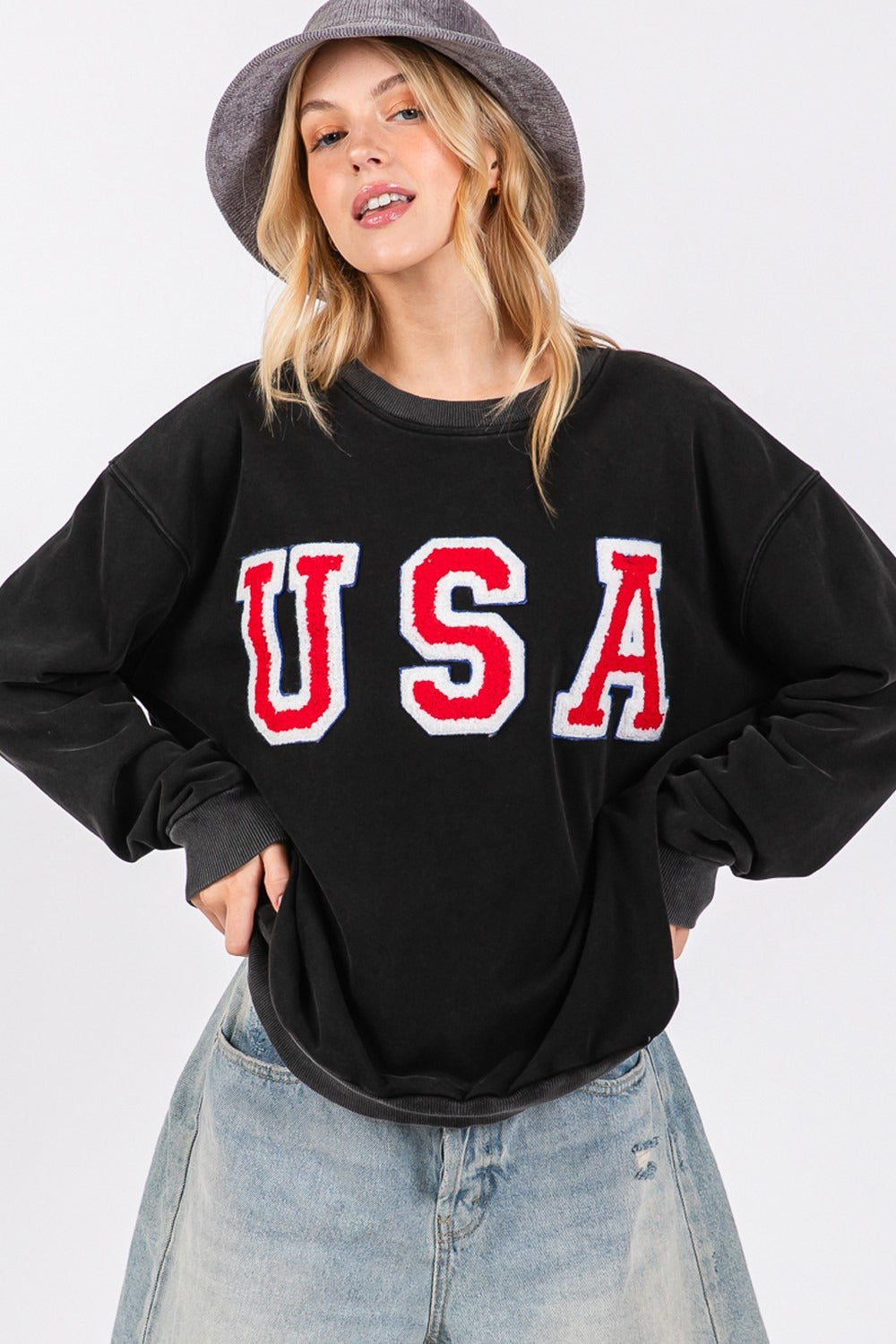 USA Letter Patch Classic Round Neck Sweatshirt by SAGE + FIG