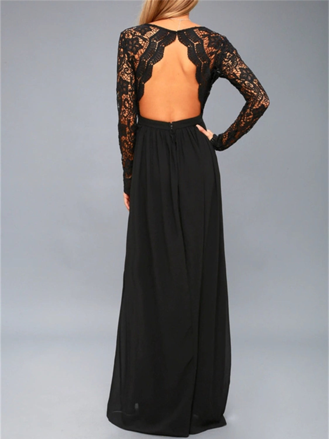 Lace Detail Backless Long Sleeve Maxi Dress - ShopEasier