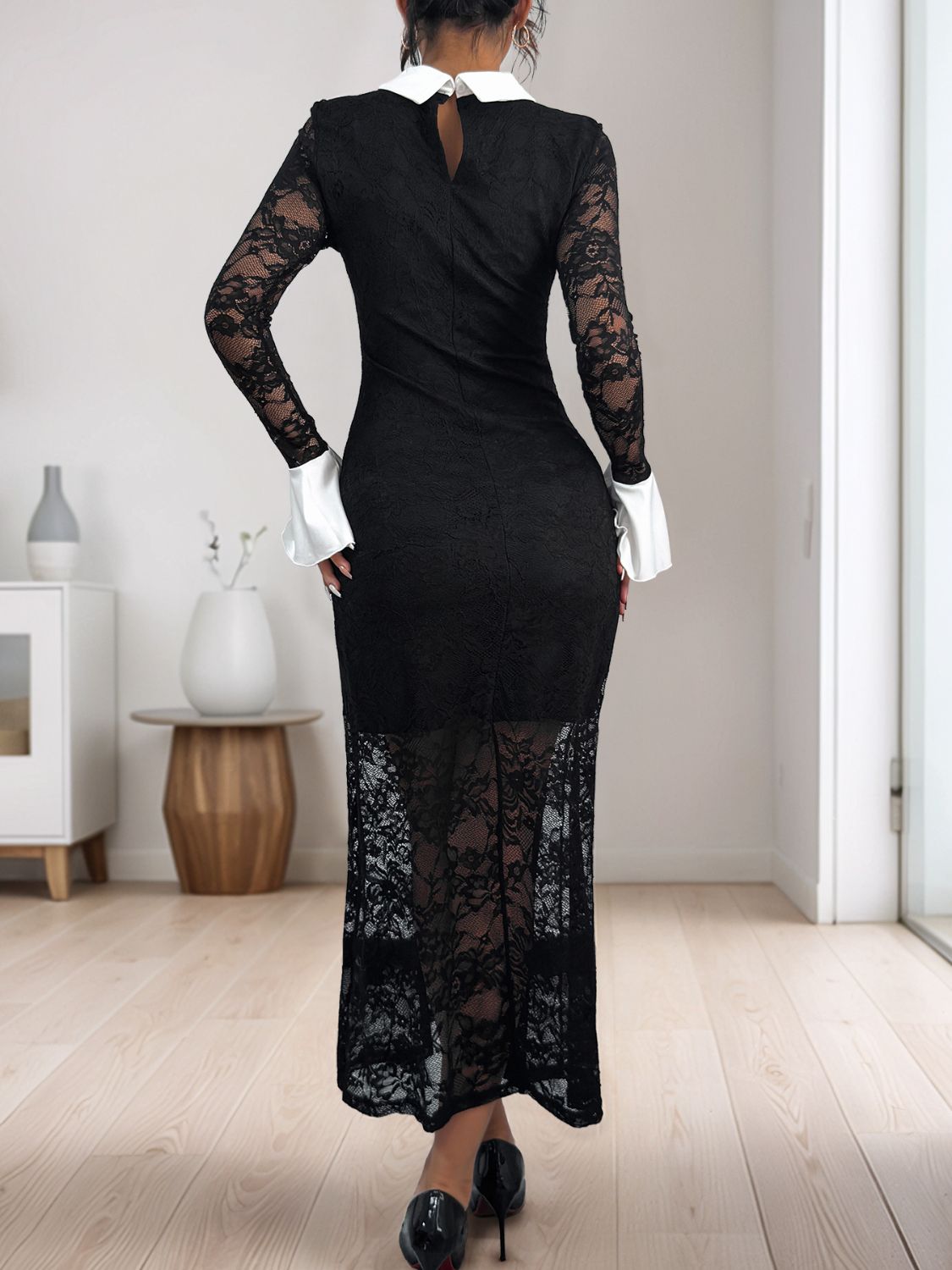 Perfee Lace Contrast Collared Neck Long Sleeve Midi Dress - ShopEasier