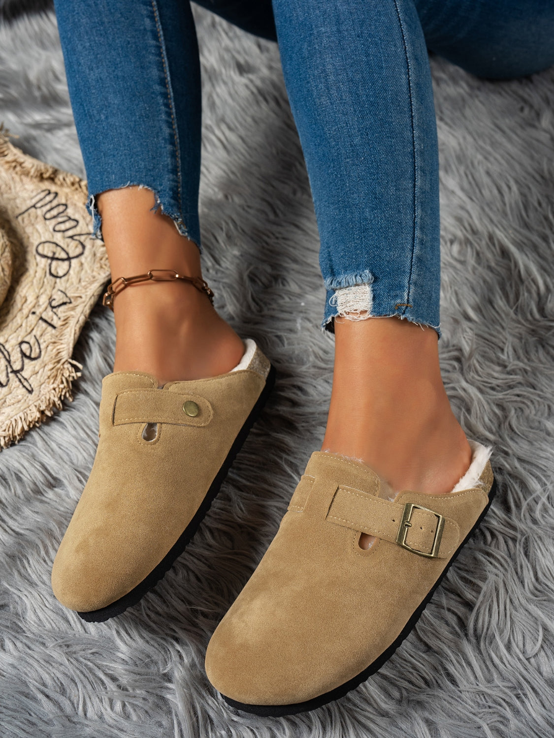 Faux Fur-Lined Suede Slip-On Slippers