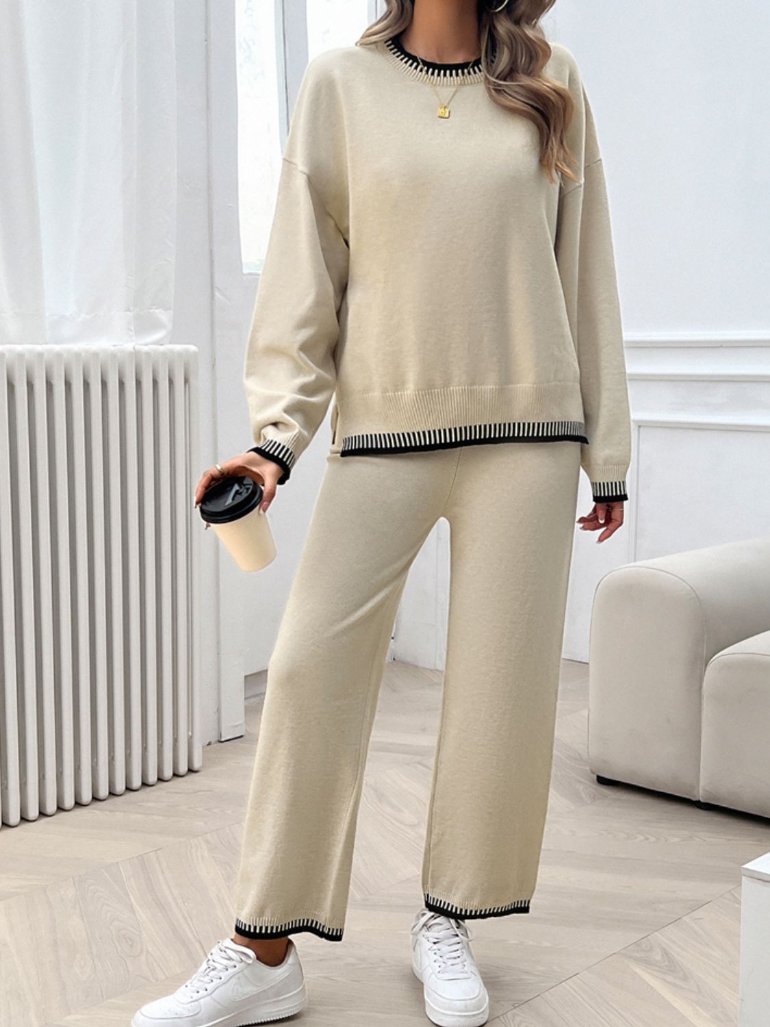 Chic Dropped Shoulder Sweater Set with Round Neck Top and Pants