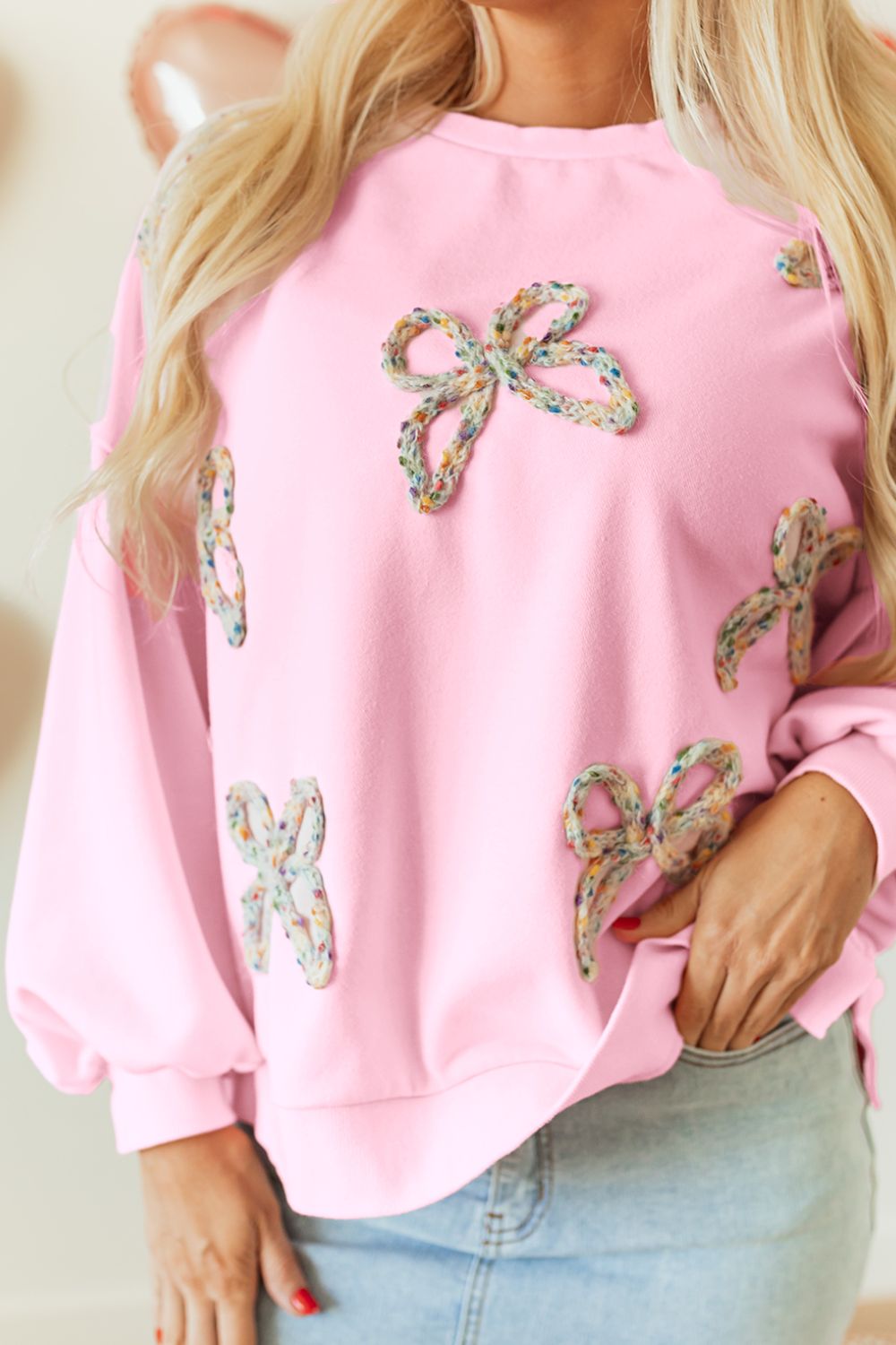 Bow Detail Opaque Long Sleeve Pullover Sweatshirt