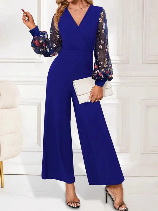 Surplice Embroidered Long Sleeve Wide Leg Jumpsuit - ShopEasier