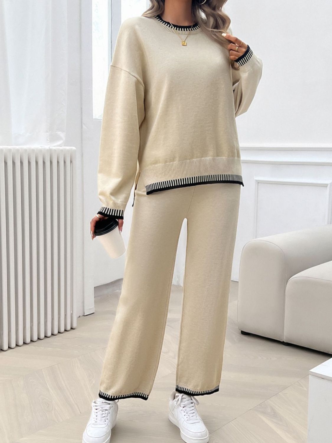 Chic Dropped Shoulder Sweater Set with Round Neck Top and Pants