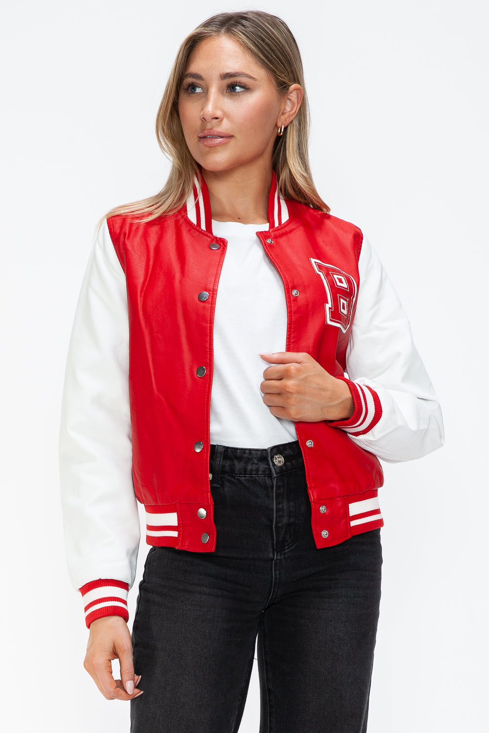 Love Me Now PU Leather Contrast Snap Down Bomber Jacket - ShopEasier