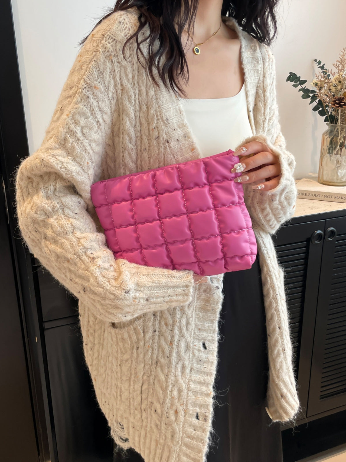 Plaid Quilted Zippered Clutch Bag