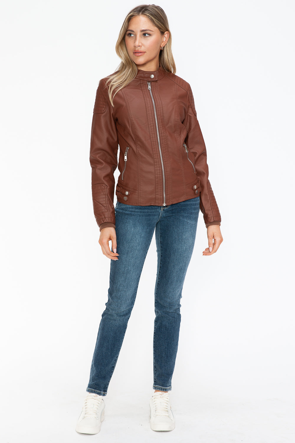 Snobbish Faux Leather Biker Jacket with Side Zip Pockets - ShopEasier