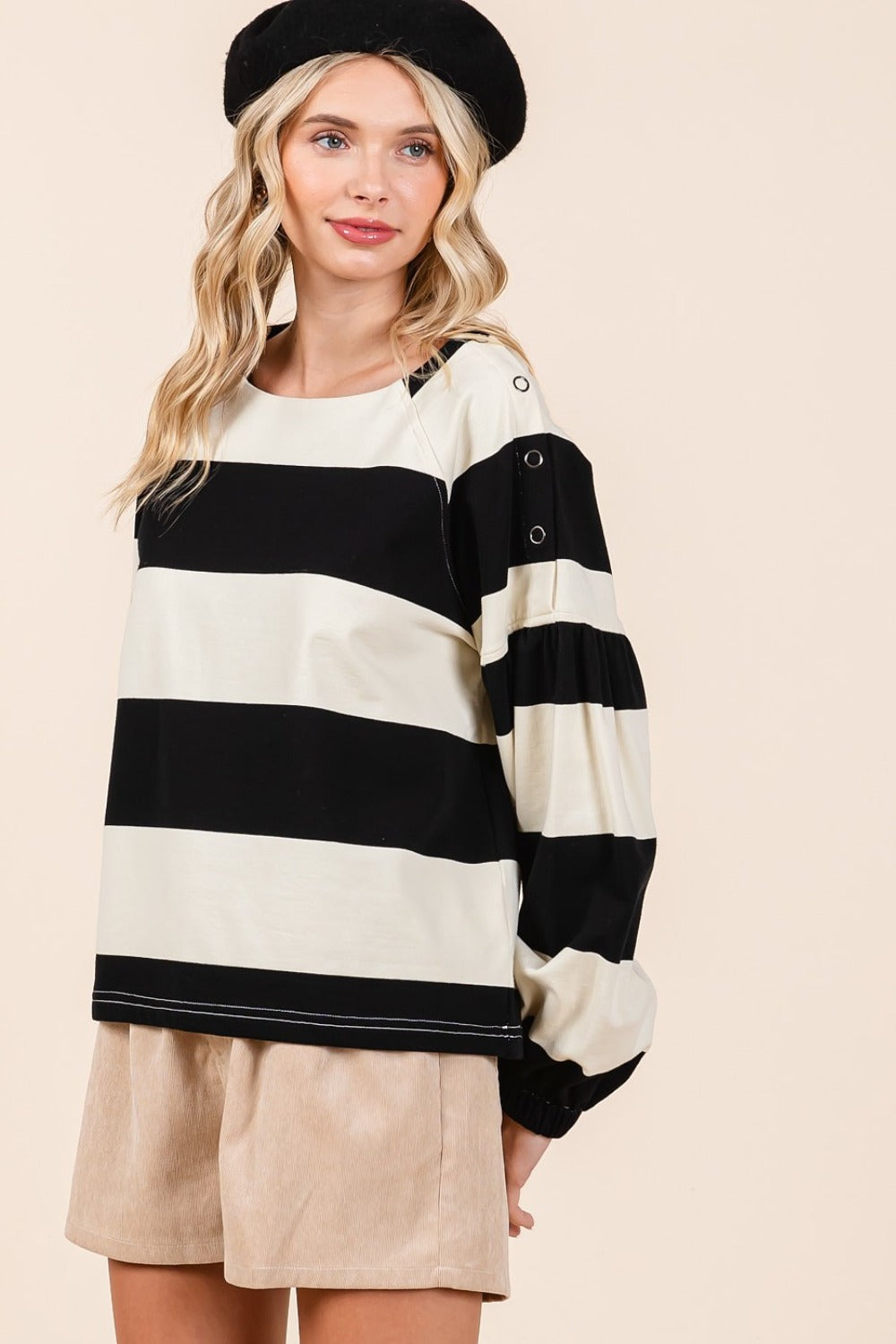 Chic Striped Long Sleeve T-Shirt with Snap Shoulder Detail