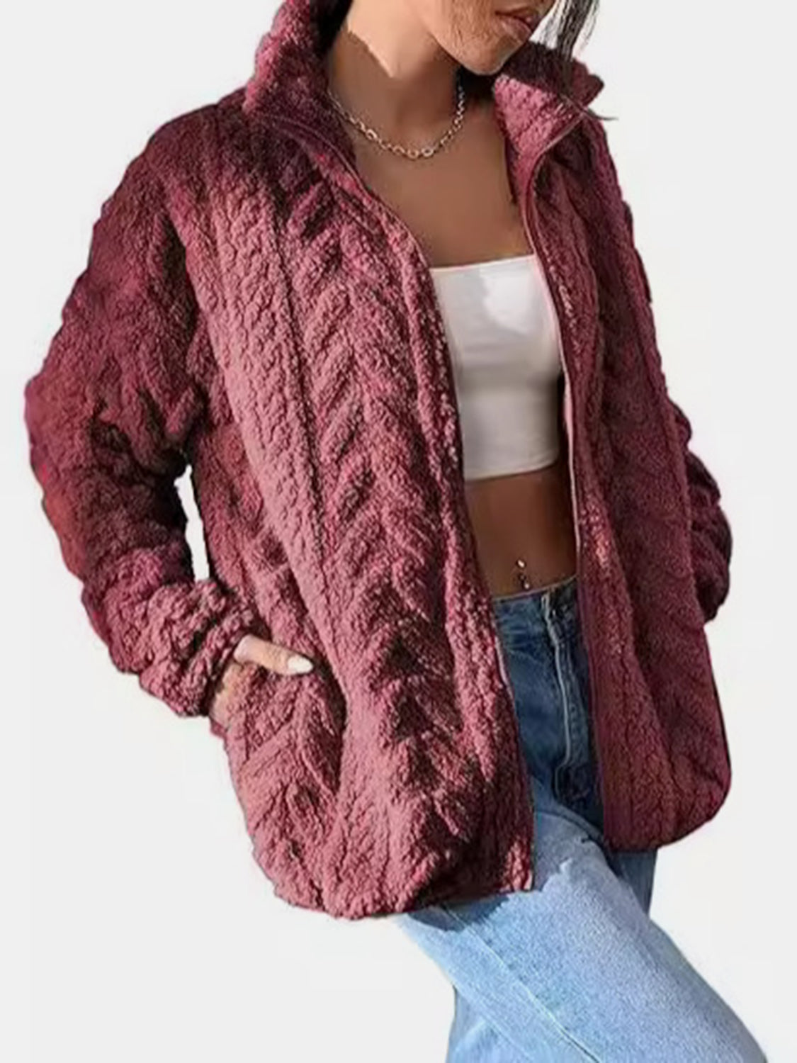 Fuzzy Zip Up Long Sleeve Jacket - ShopEasier