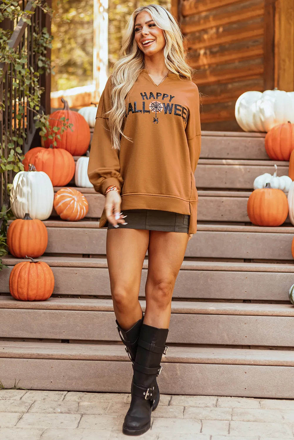 Sequin Letter Graphic Notched Long Sleeve Sweatshirt - ShopEasier