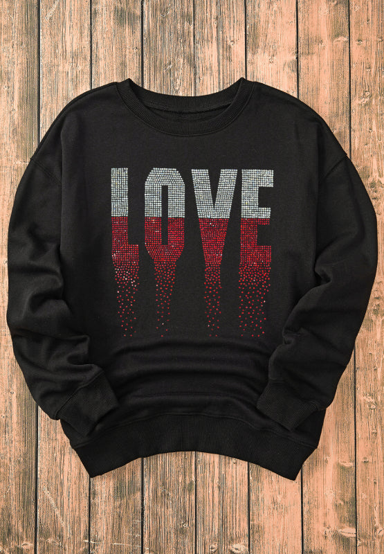 Rhinestone Embellished LOVE Graphic Long Sleeve Sweatshirt