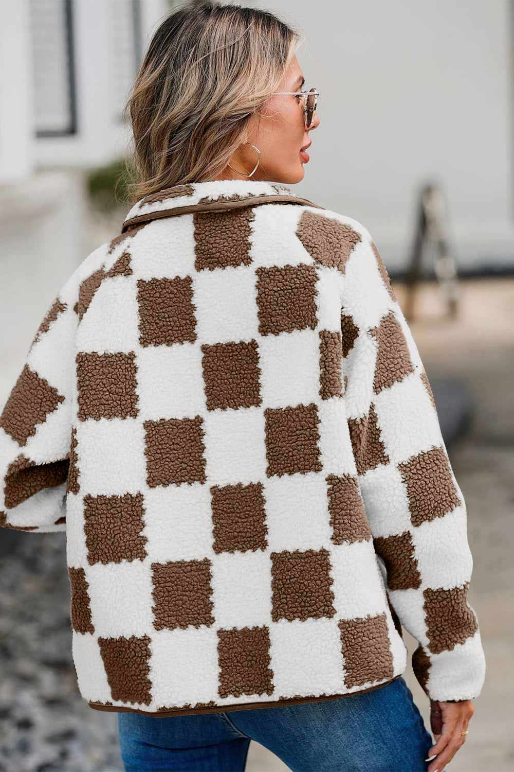 Checkered Snap Down Long Sleeve Teddy Jacket - ShopEasier