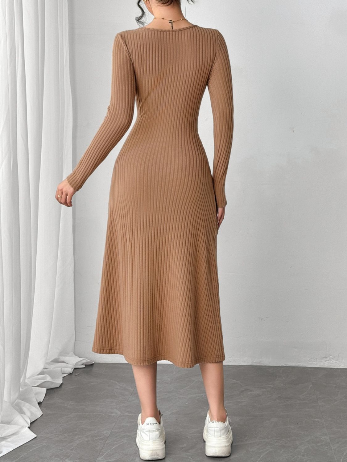 Square Neck Long Sleeve Midi Wrap Dress - ShopEasier