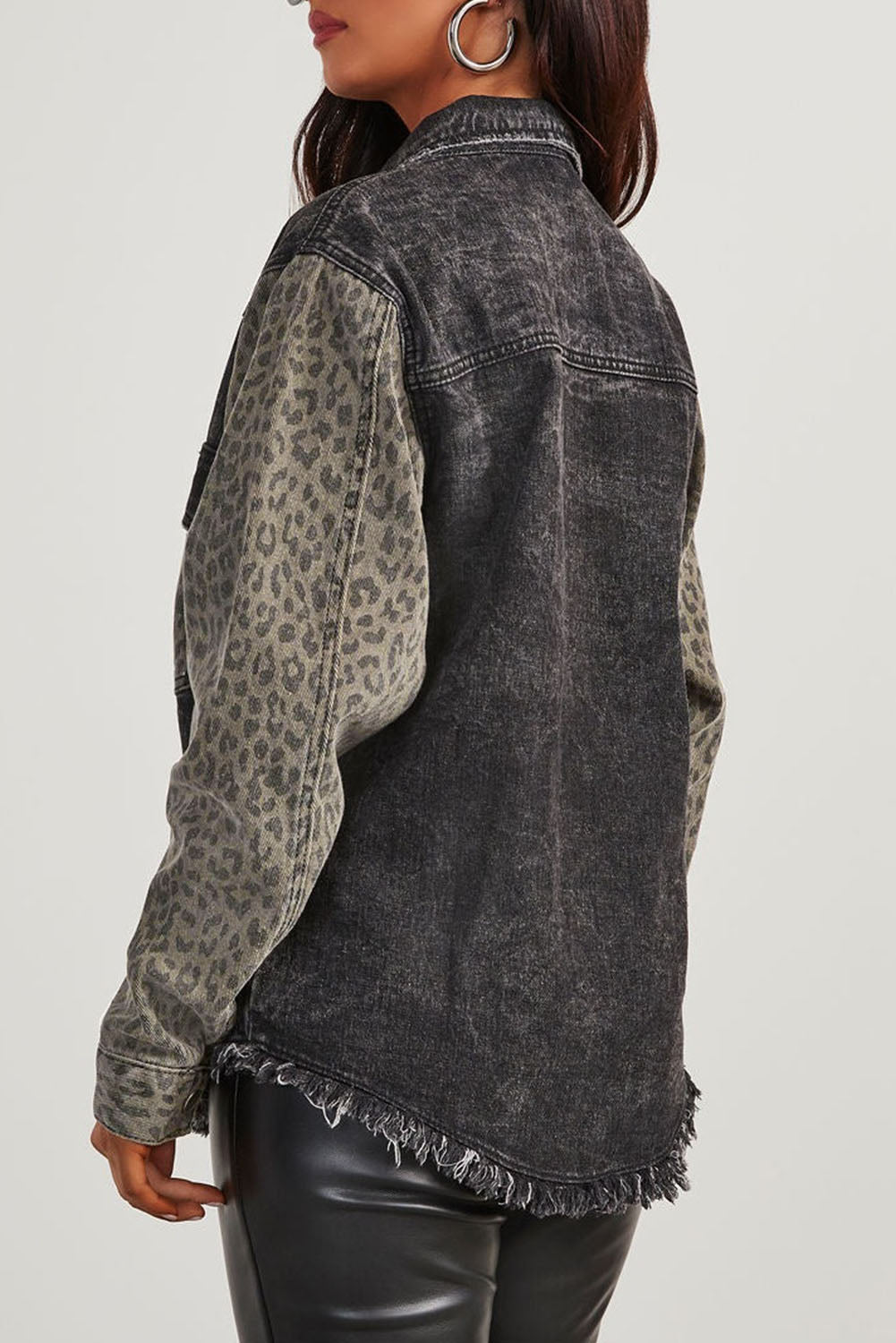 Raw Hem Leopard Snap Down Denim Jacket - ShopEasier