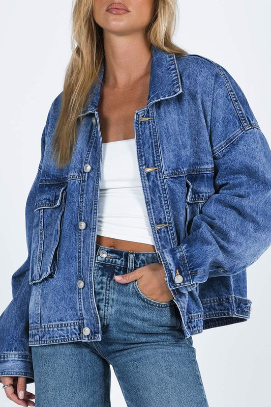 Collared Neck Button Up Denim Jacket - ShopEasier