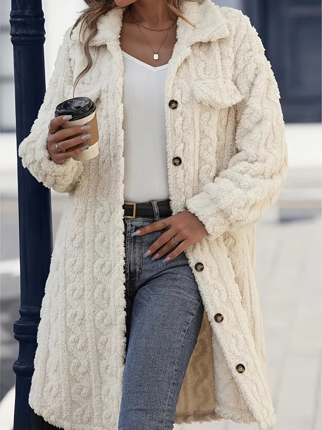 Fuzzy Button Up Long Sleeve Longline Coat - ShopEasier