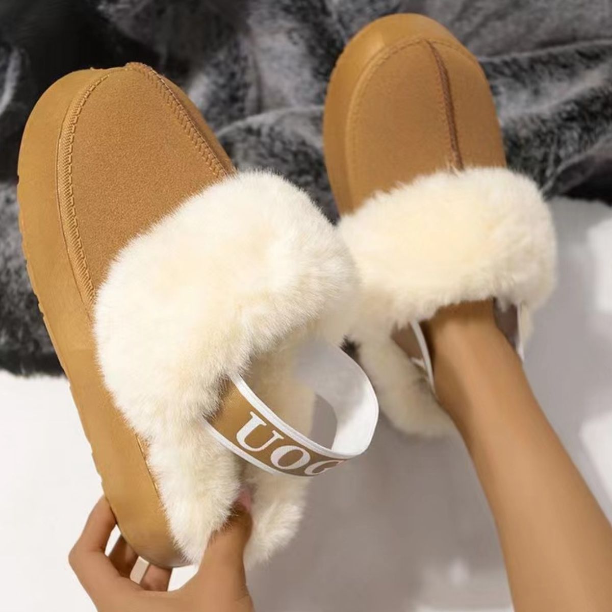 Fuzzy Lettered Slide Slippers with Plush Cushioning