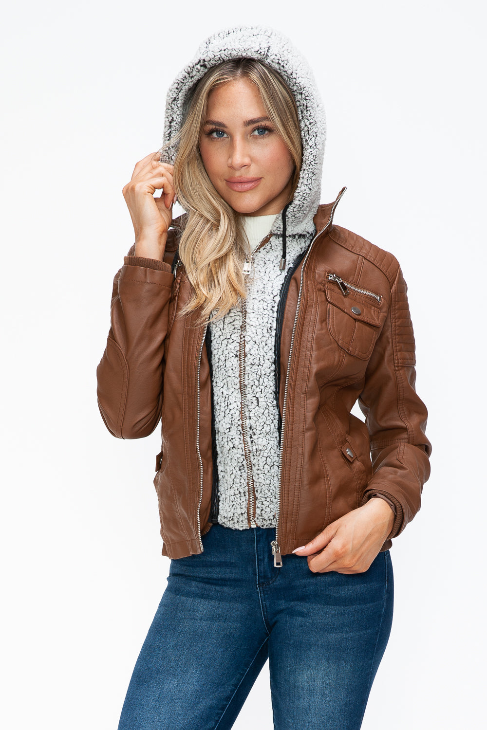 YMI Removable Faux Layered Multi-Pocket Jacket with Fuzzy Hood - ShopEasier