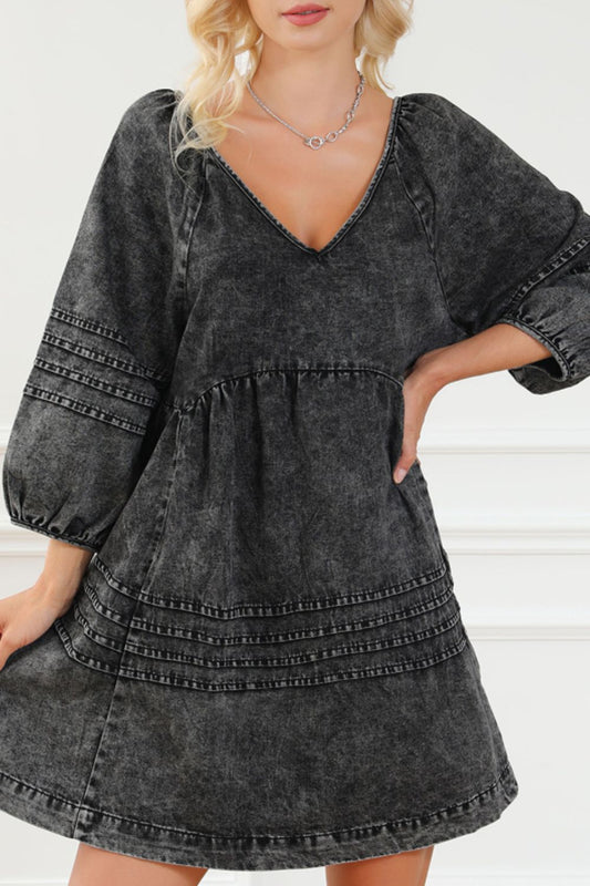 V-Neck Three Quarter Sleeve Denim Dress - ShopEasier