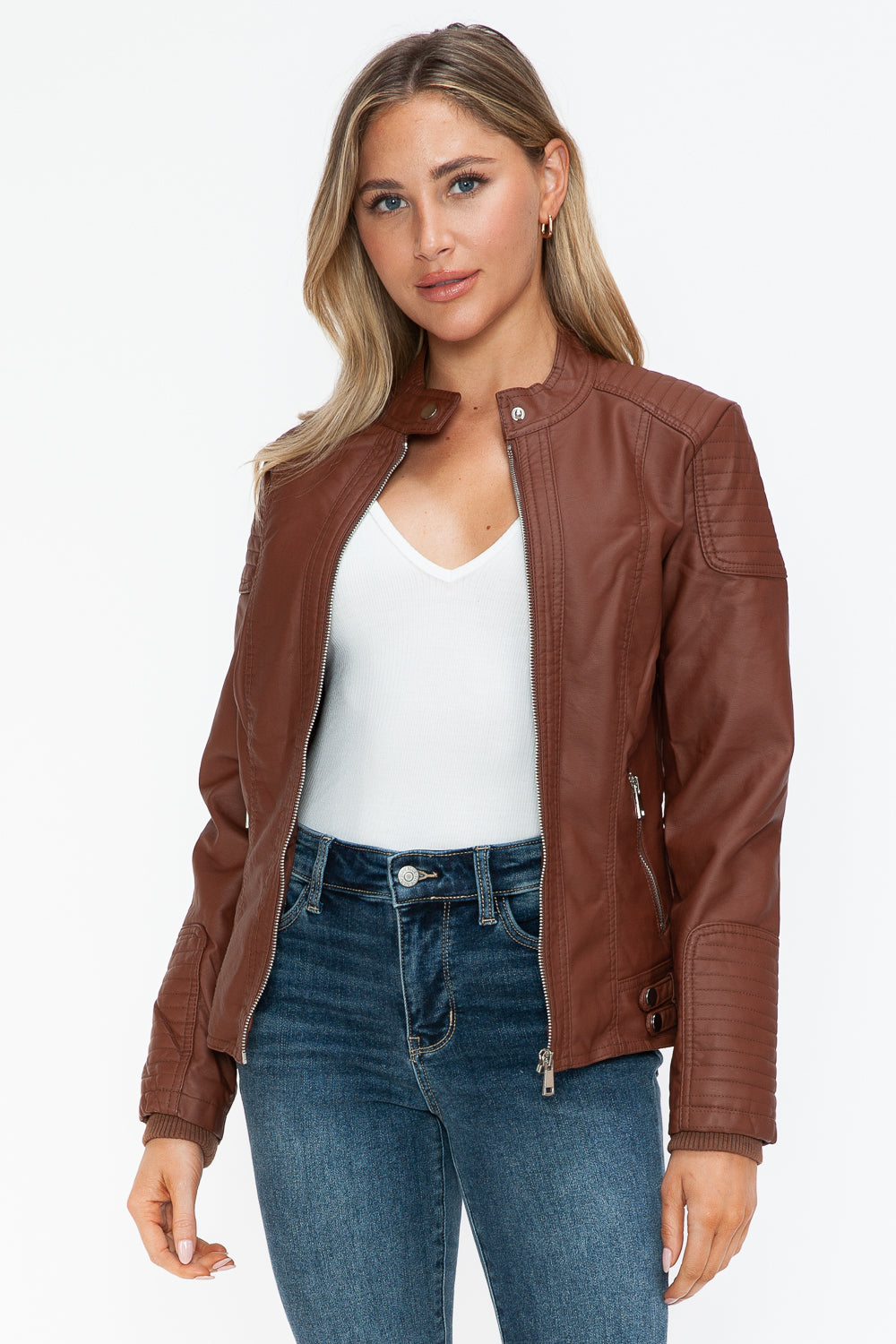 Snobbish Faux Leather Biker Jacket with Side Zip Pockets - ShopEasier