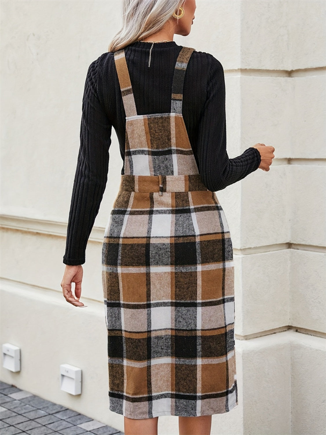 Slit Plaid Wide Strap Overall Dress - ShopEasier