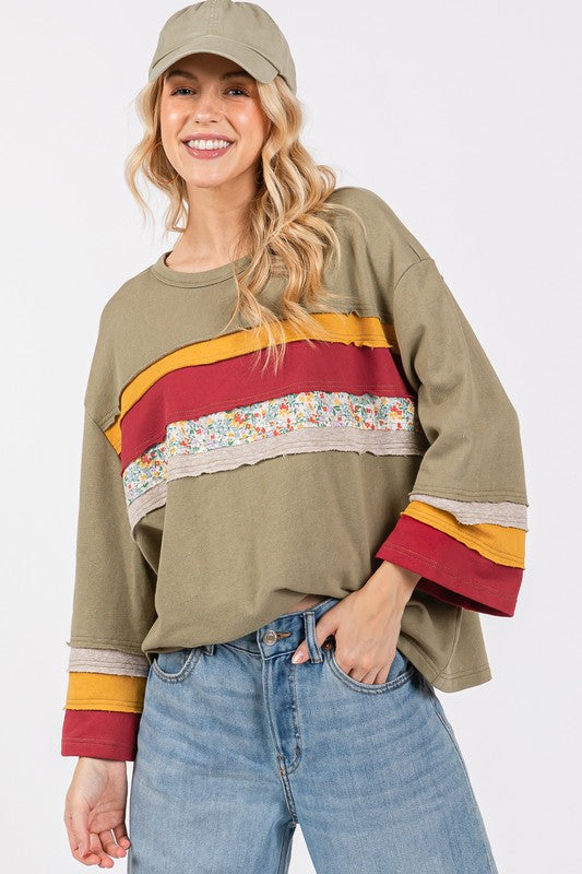 Color Blocked French Terry 3/4 Sleeve Top with Floral Contrast