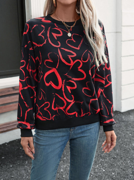 Cozy Heart-Embellished Dropped Shoulder Long Sleeve Sweatshirt