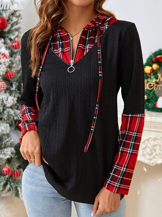 Plaid Hooded Quarter Zip T-Shirt