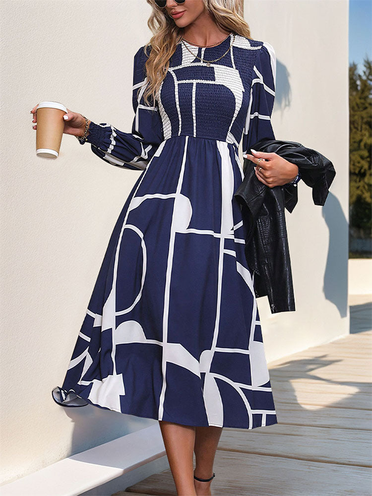 Perfee Smocked Color Block Long Sleeve Midi Dress - ShopEasier