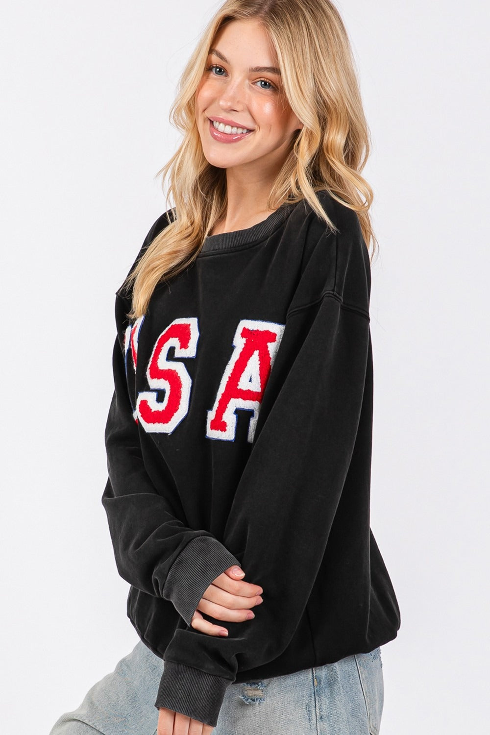 USA Letter Patch Classic Round Neck Sweatshirt by SAGE + FIG