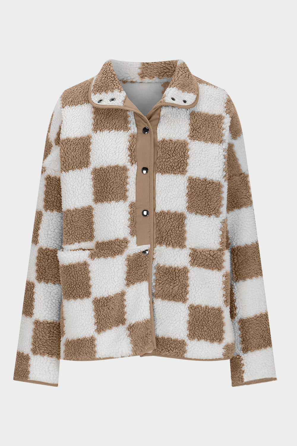 Checkered Snap Down Long Sleeve Teddy Jacket - ShopEasier