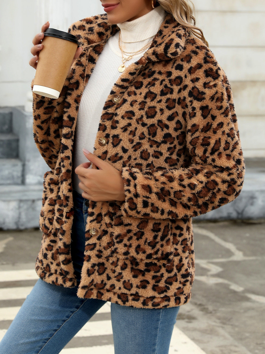 Button Up Drop Shoulder Fuzzy Jacket - ShopEasier