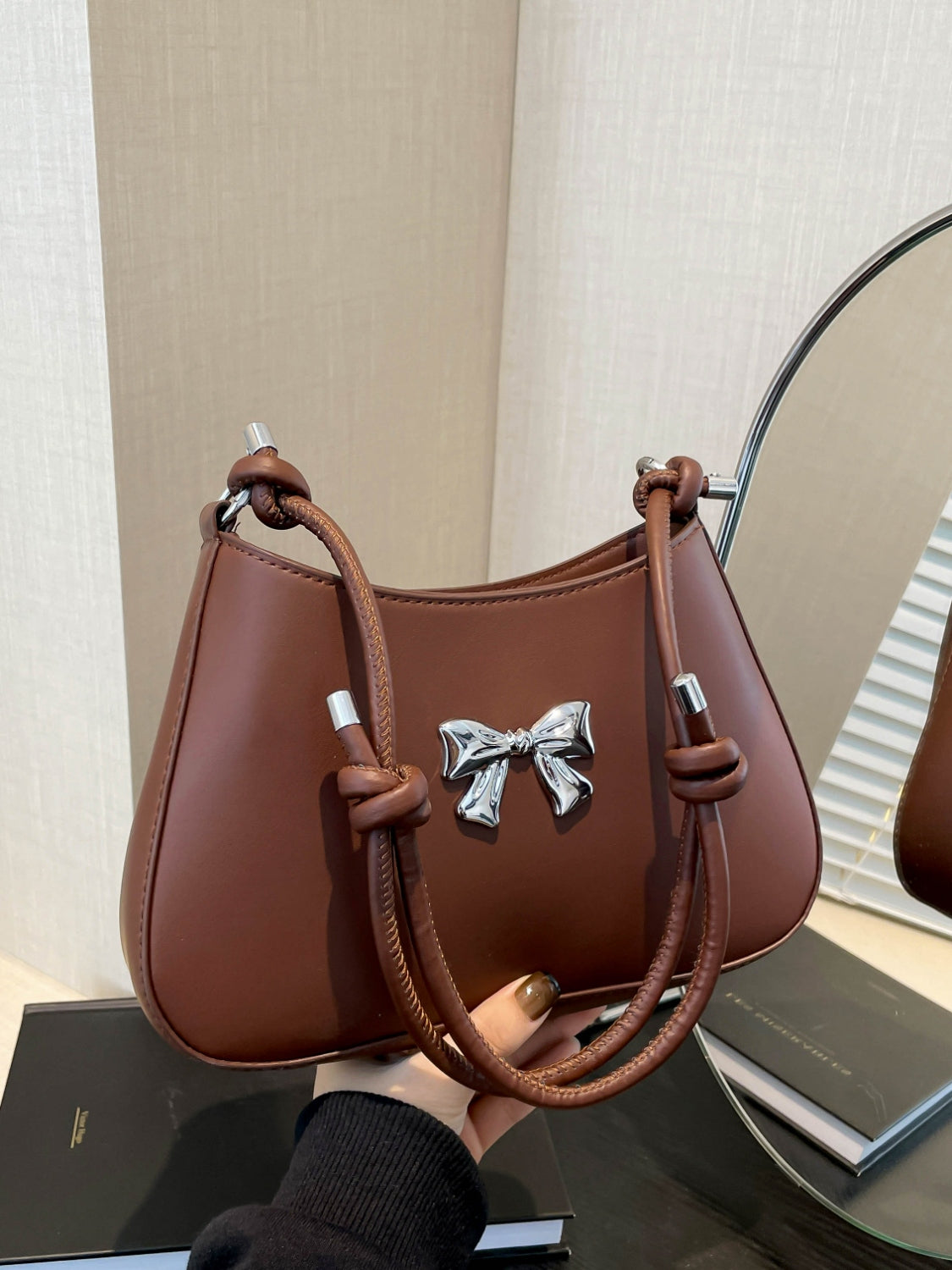 Knotted Strap PU Leather Bow Handbag