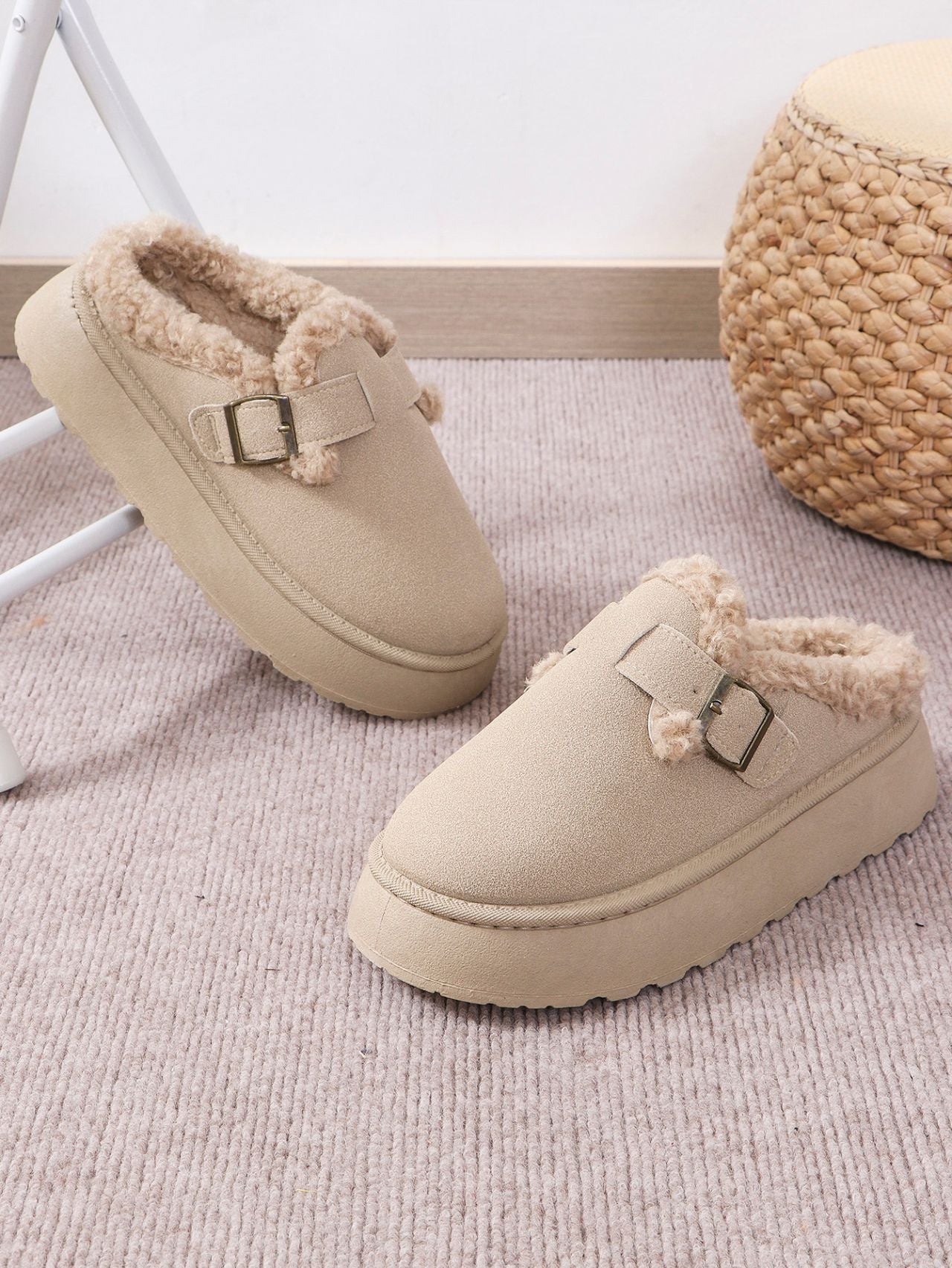 Cozy Faux Fur Buckle Platform Slippers