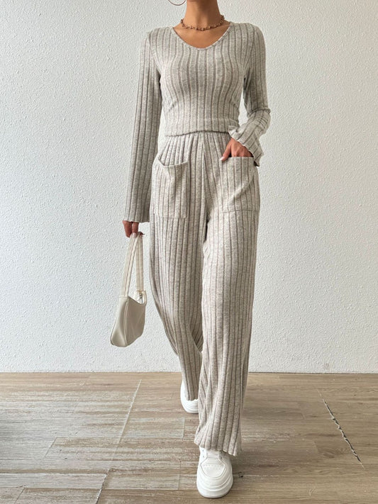 V-Neck Ribbed Long Sleeve Top with Pocketed Trousers Set