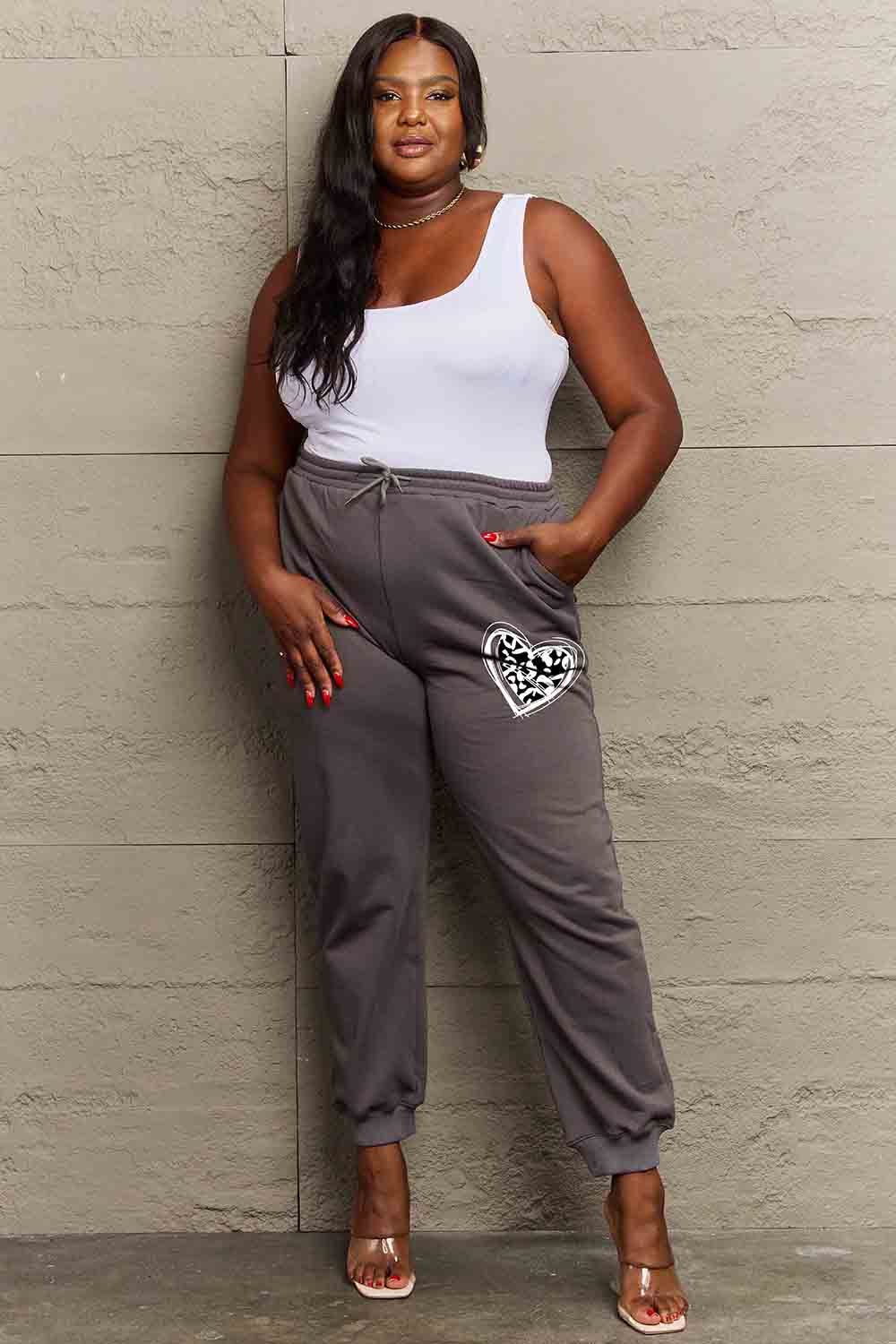 Cozy Heart Graphic Long Sweatpants with Drawstring