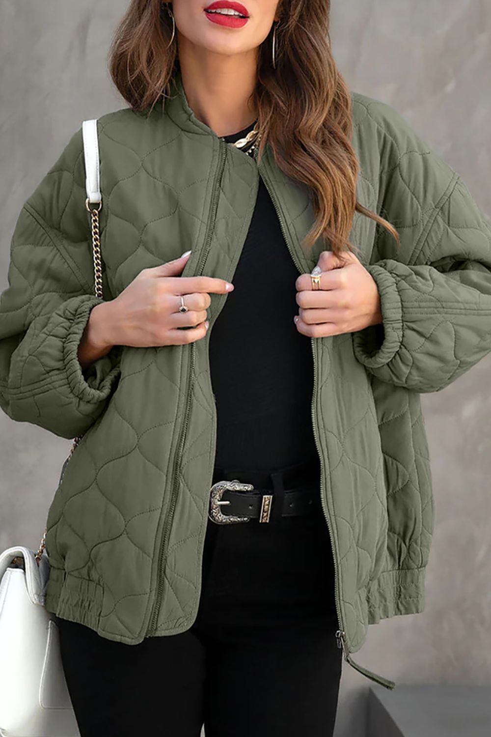 Zip Up Drop Shoulder Long Sleeve Puffer Jacket - ShopEasier