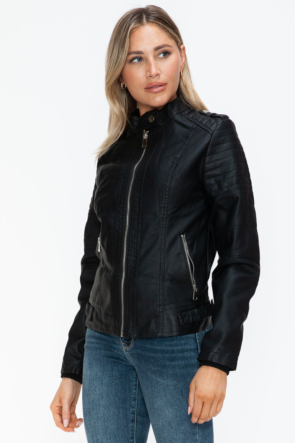 Snobbish PU Leather Biker Jacket with Side Zip Pockets - ShopEasier