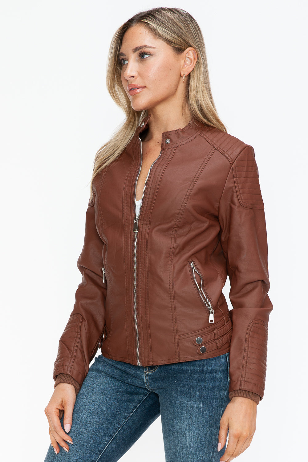 Snobbish Faux Leather Biker Jacket with Side Zip Pockets - ShopEasier