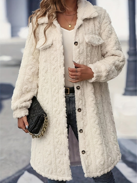 Fuzzy Button Up Long Sleeve Longline Coat - ShopEasier