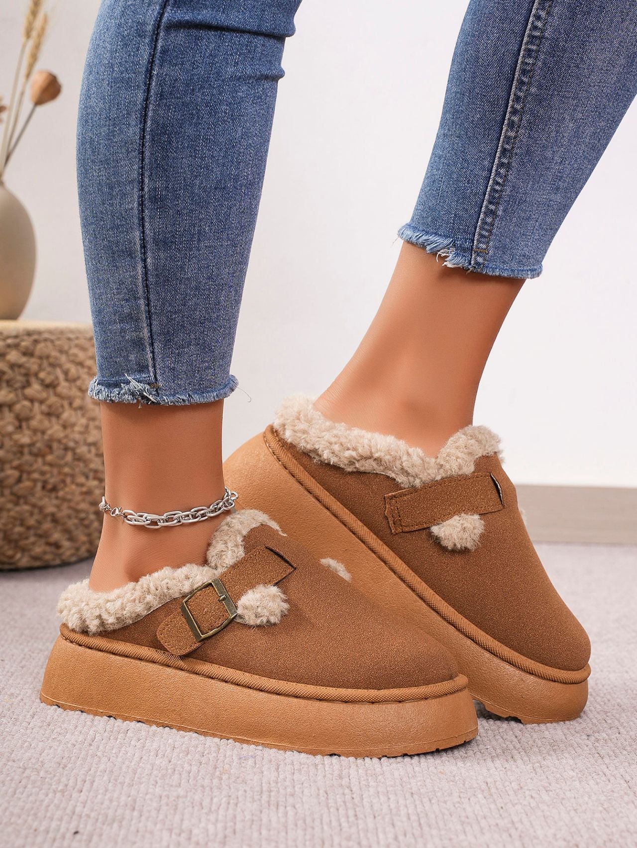 Cozy Faux Fur Buckle Platform Slippers