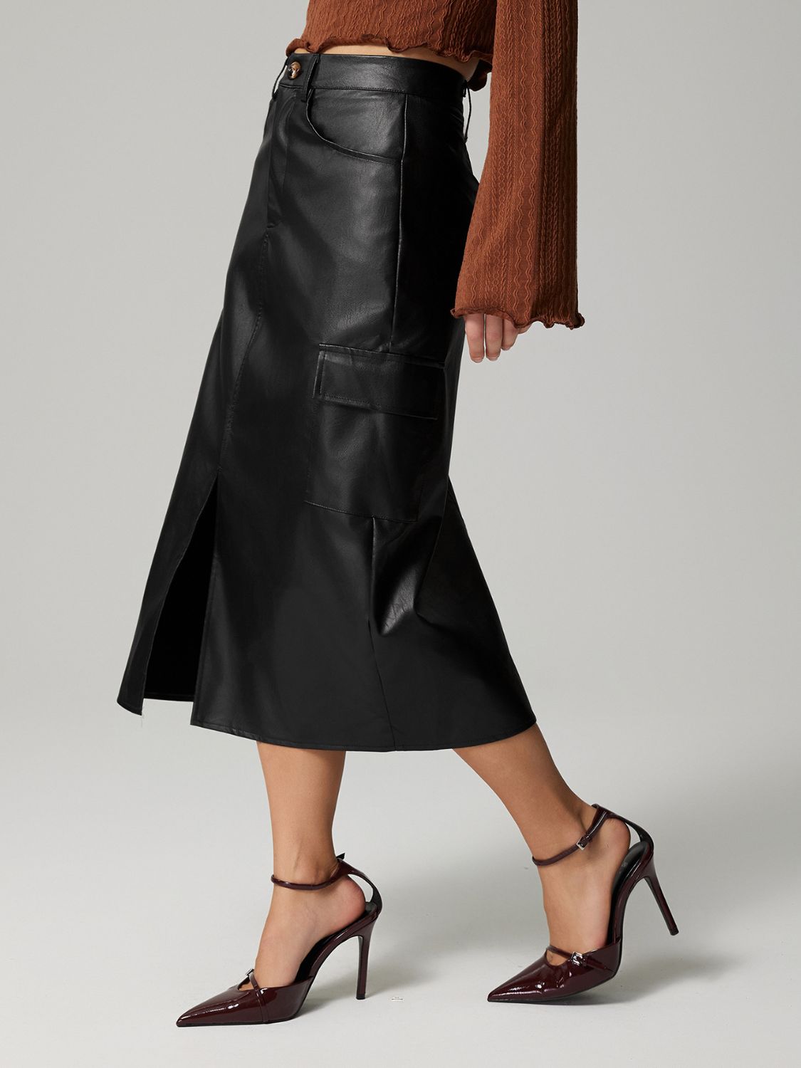 Button-Down Pocketed Slit Midi Skirt