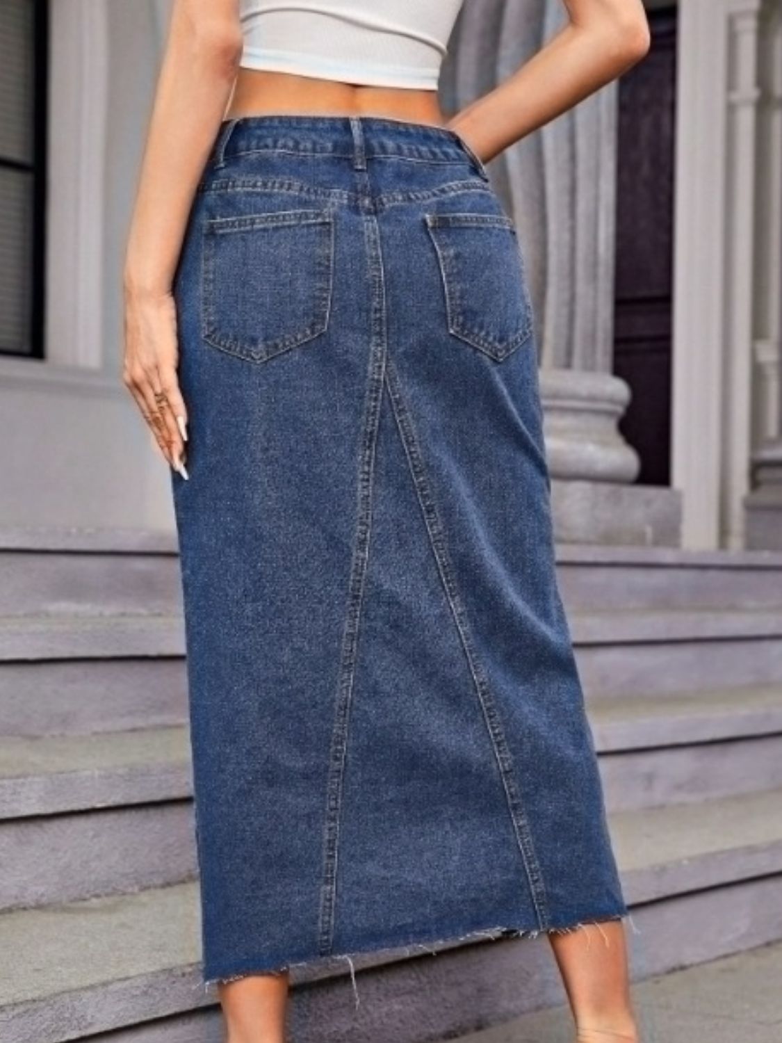 Slit Midi Denim Skirt with Pockets - ShopEasier