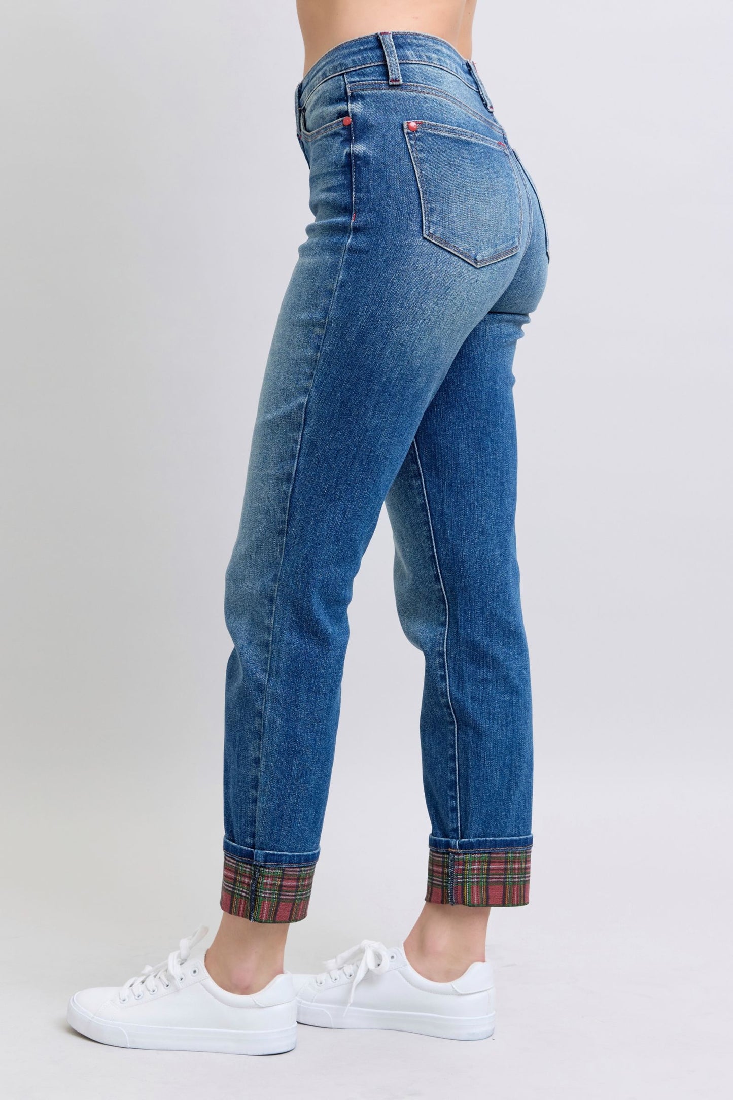 Judy Blue Full Size Plaid Print Cuff Straight Leg Jeans with Pockets - ShopEasier