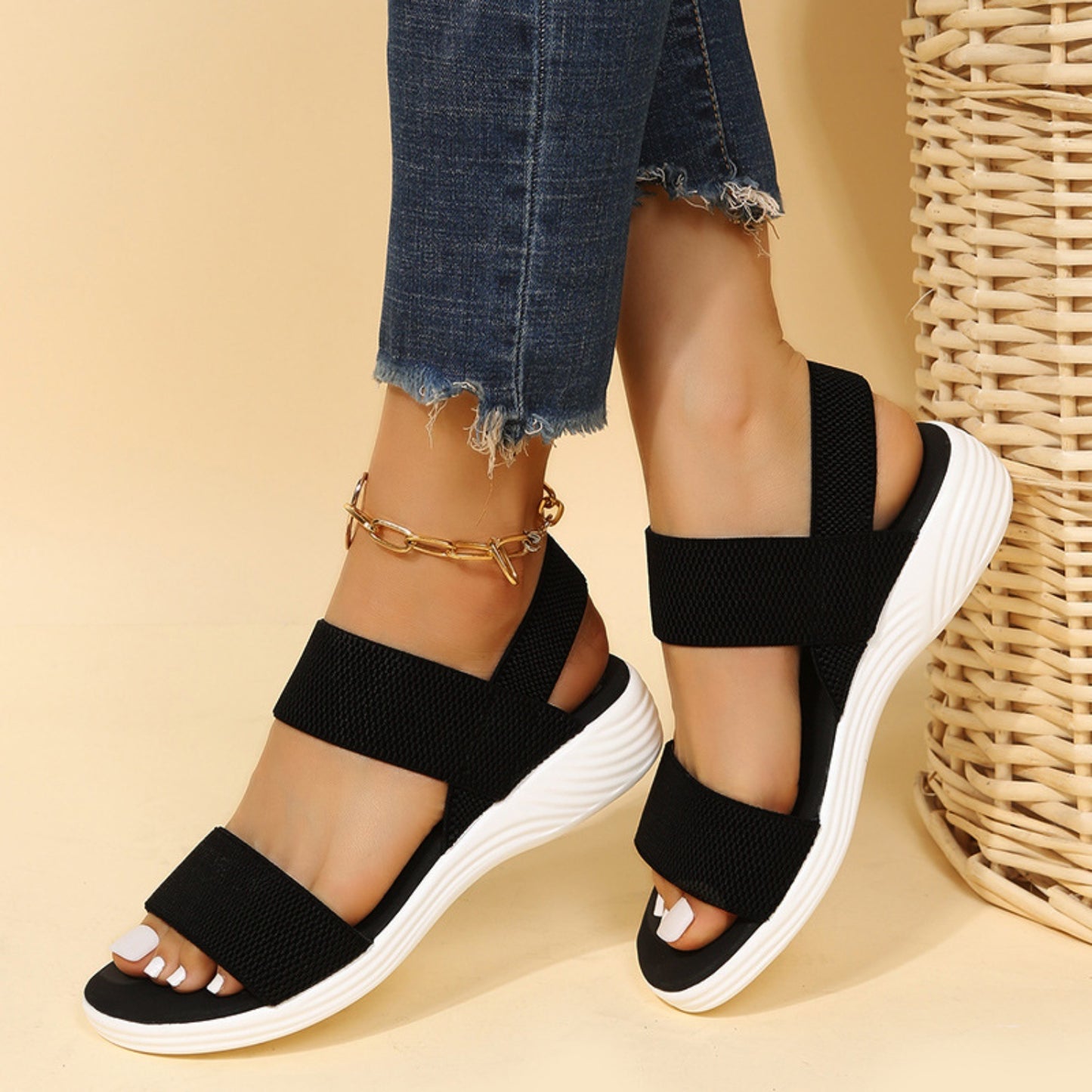 Rubber Open Toe Low Heel Sandals - ShopEasier