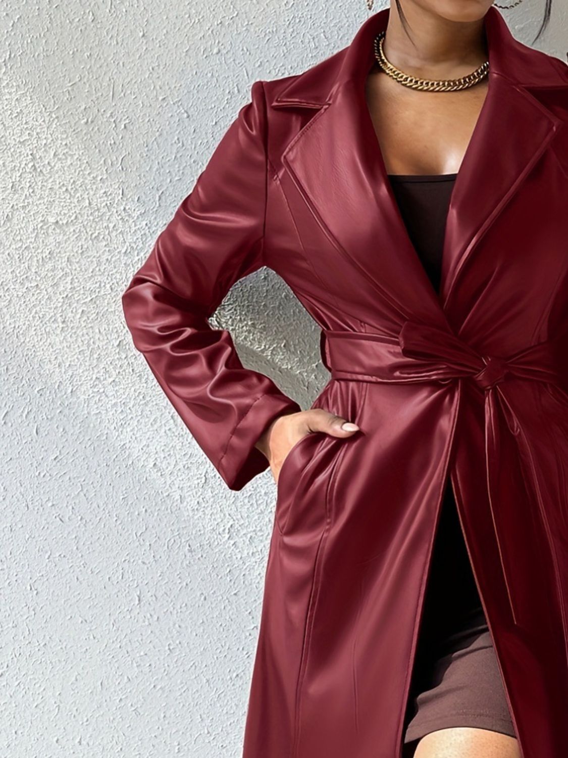 Tied PU Leather Long Sleeve Trench Coat - ShopEasier