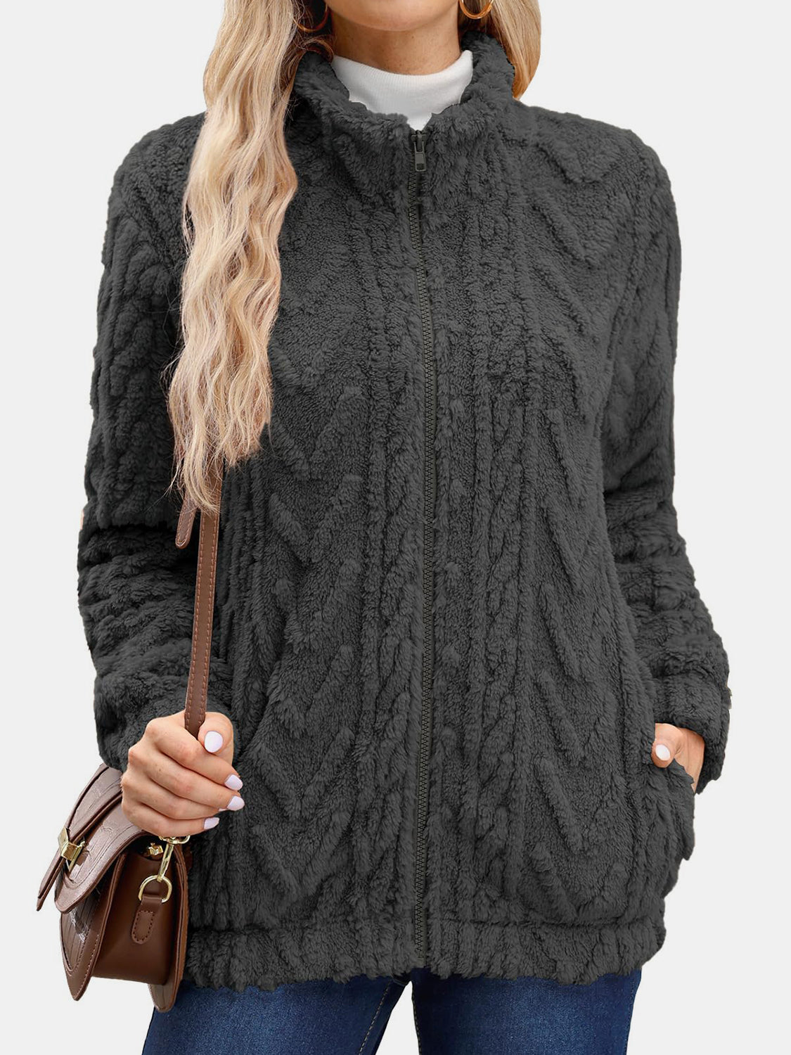 Fuzzy Zip Up Long Sleeve Jacket - ShopEasier